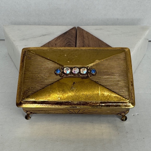 Estate Brass Jewelry Velvet Lined Casket with Gem Accents